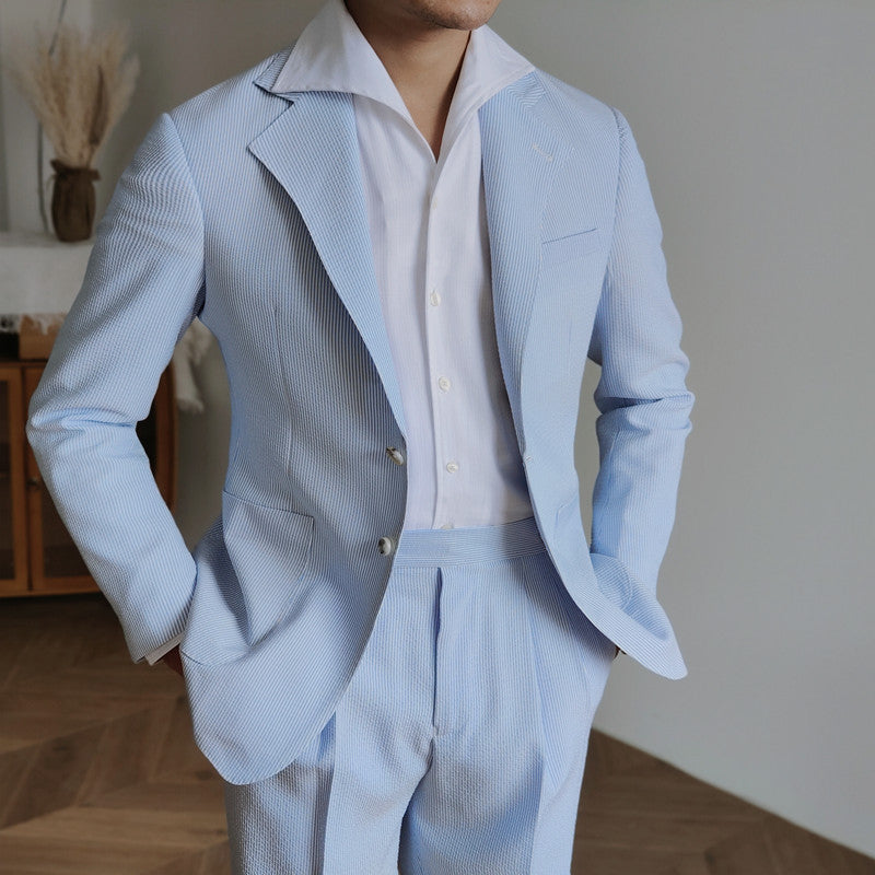 Herren Sakko Blau Gestreift Polyester Slim Fit Vintage Design 0