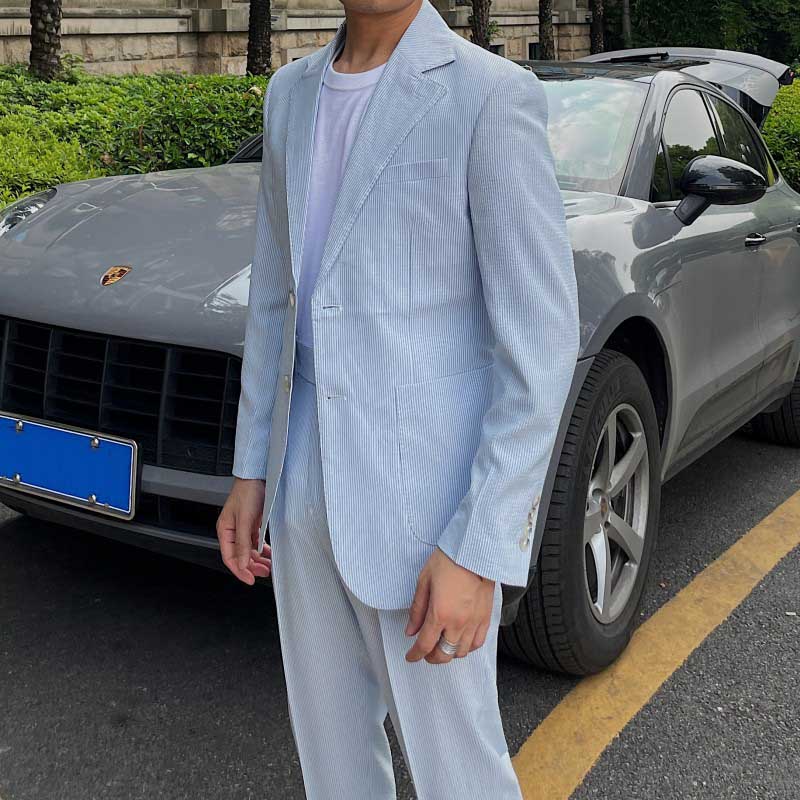 Herren Sakko Blau Gestreift Polyester Slim Fit Vintage Design 2