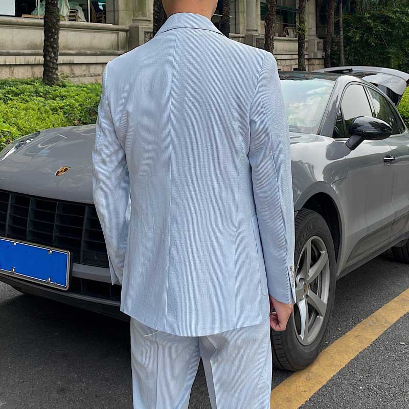 Herren Sakko Blau Gestreift Polyester Slim Fit Vintage Design 3