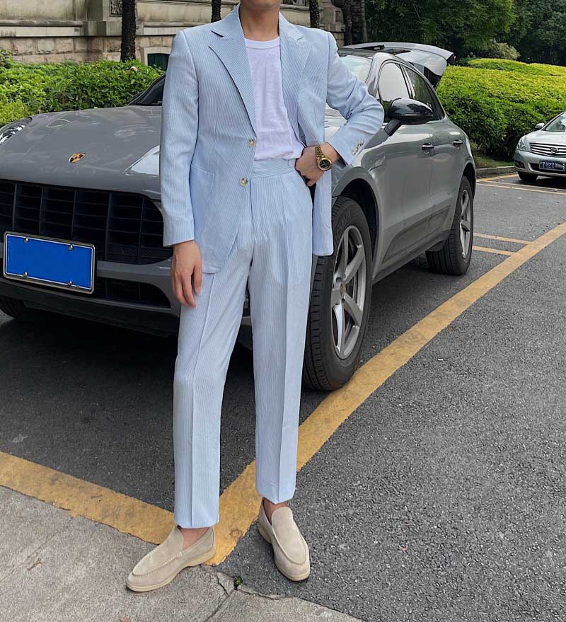 Herren Sakko Blau Gestreift Polyester Slim Fit Vintage Design 6