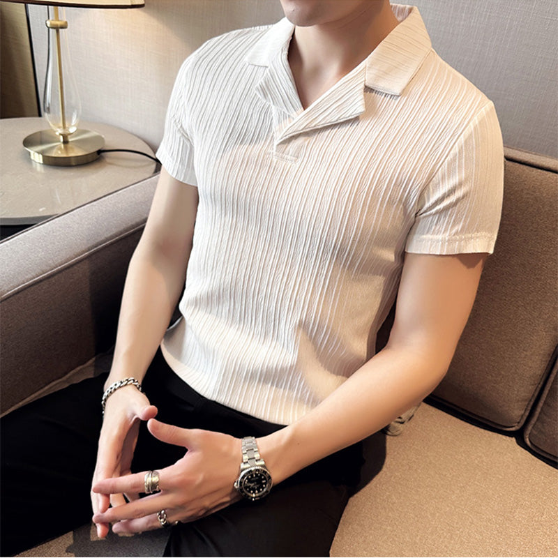 Herren Slim Fit Kurzarm Hemd Polyester mit Vertikalen Streifen 5