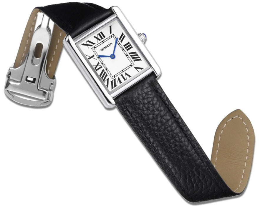 Herren Uhr Silber 38mm Quadratisch Lederarmband Schweizer Quartzwerk Elegant