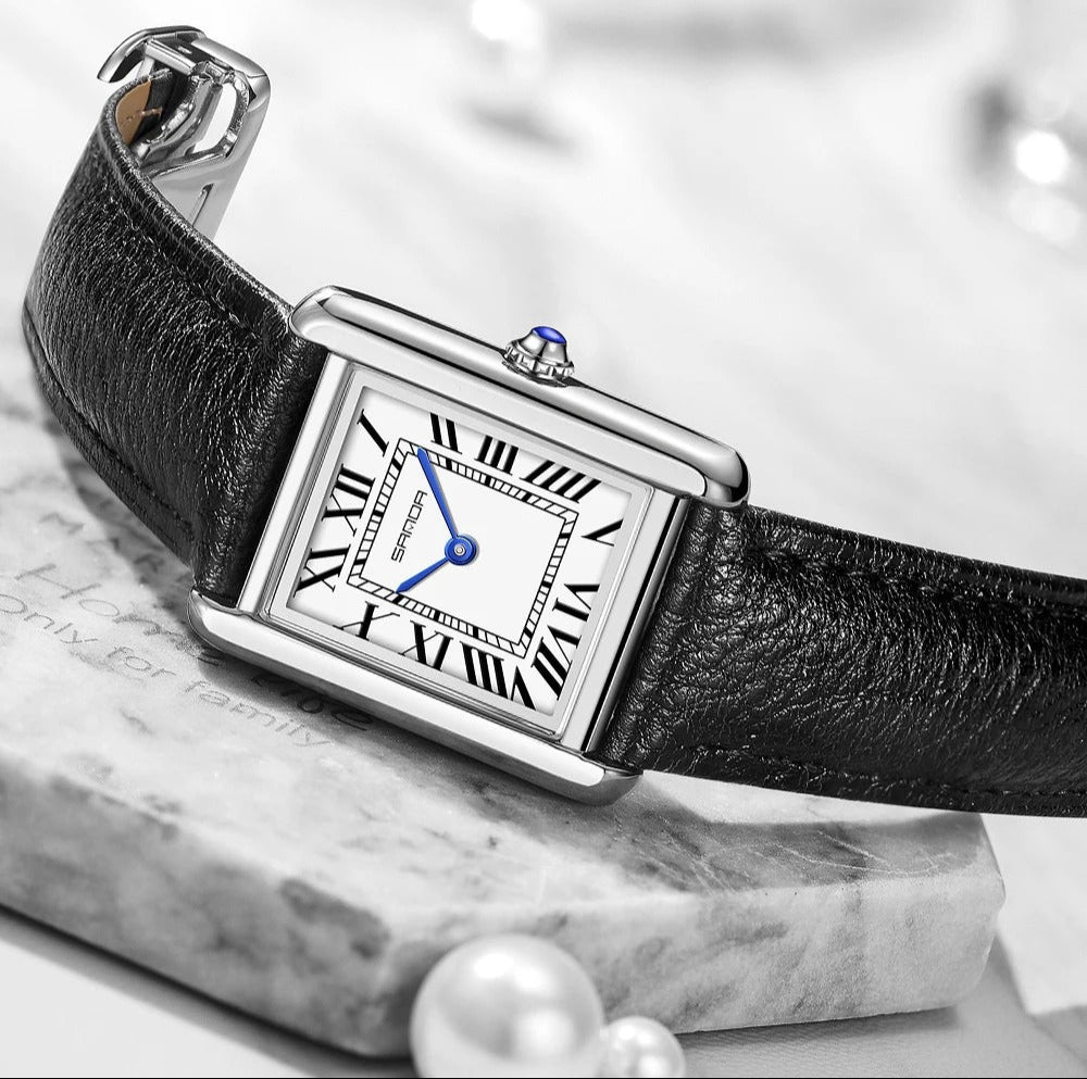 Herren Uhr Silber 38mm Quadratisch Lederarmband Schweizer Quartzwerk Elegant