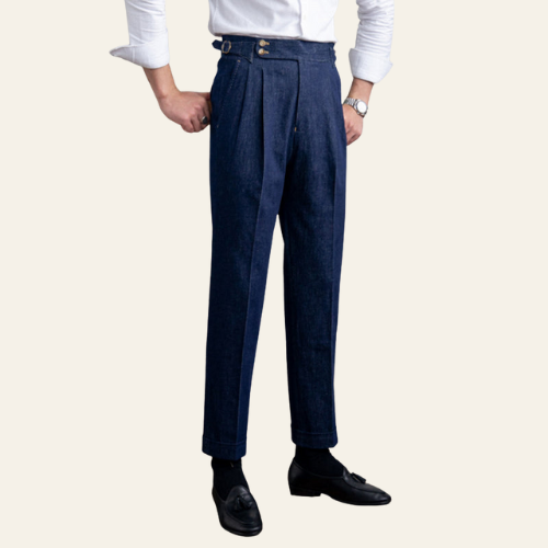 Jacques - Herren Denim Hose Hochtailliert Slim Fit Baumwolle Retro Style