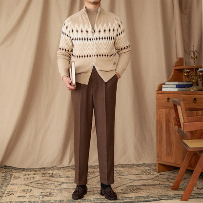 Herren Strickjacke Slim Fit Stehkragen Wollmix Grau