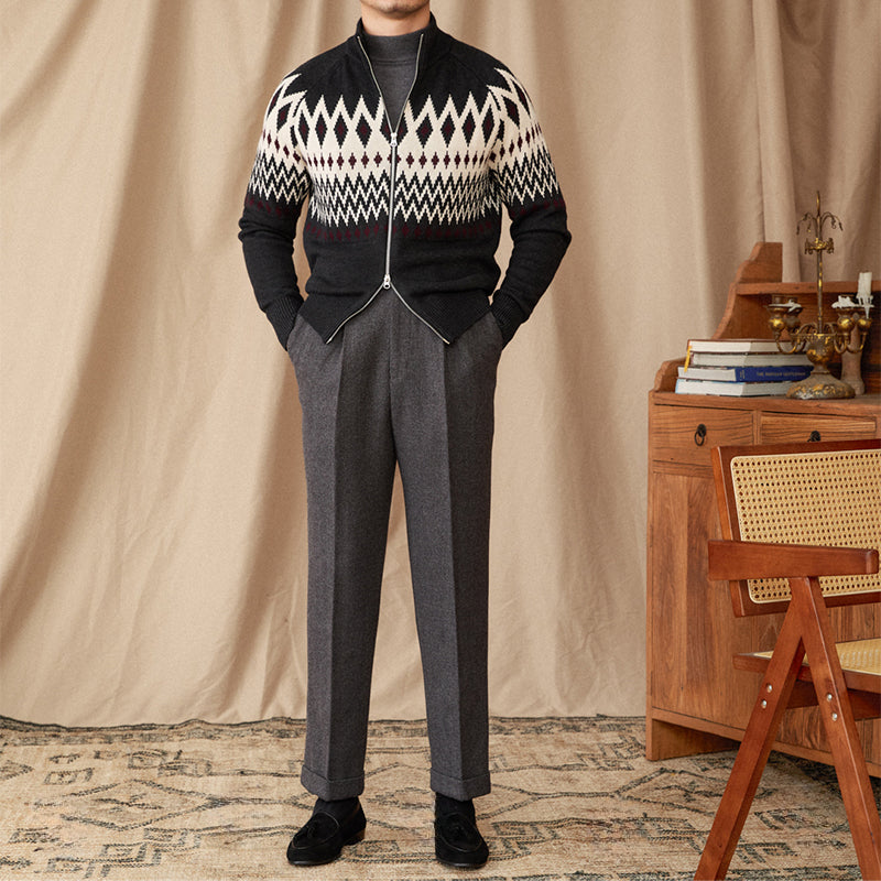 Herren Strickjacke Slim Fit Stehkragen Wollmix Grau