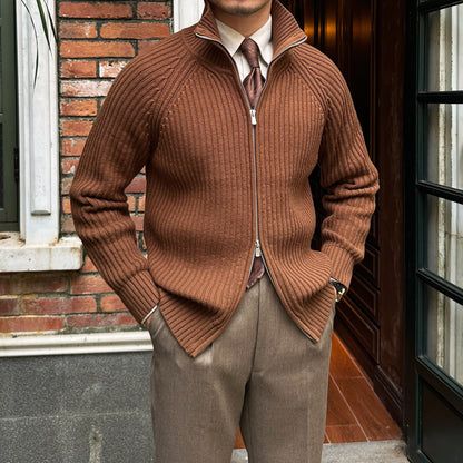 Herren Cardigan Baumwollmischung Schwarz mit Stehkragen