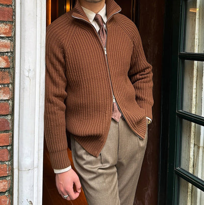 Herren Cardigan Baumwollmischung Schwarz mit Stehkragen