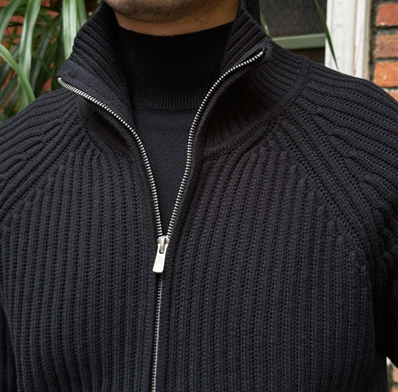 Herren Cardigan Baumwollmischung Schwarz mit Stehkragen
