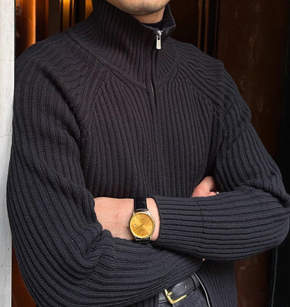 Herren Cardigan Baumwollmischung Schwarz mit Stehkragen