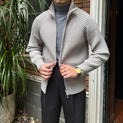 Herren Cardigan Baumwollmischung Schwarz mit Stehkragen