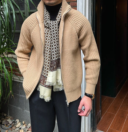 Herren Cardigan Baumwollmischung Schwarz mit Stehkragen