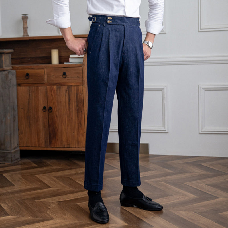 Herren Denim Hose Hochtailliert Slim Fit Baumwolle Retro Style 0