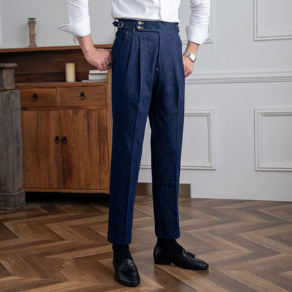 Herren Denim Hose Hochtailliert Slim Fit Baumwolle Retro Style 0