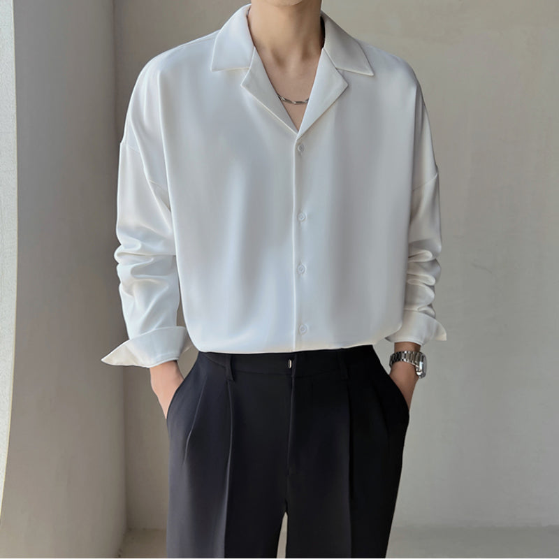 Herren Langarm Hemd Polyester mit Kubanischem Kragen, Lockerer Schnitt für Freizeit und Büro 2