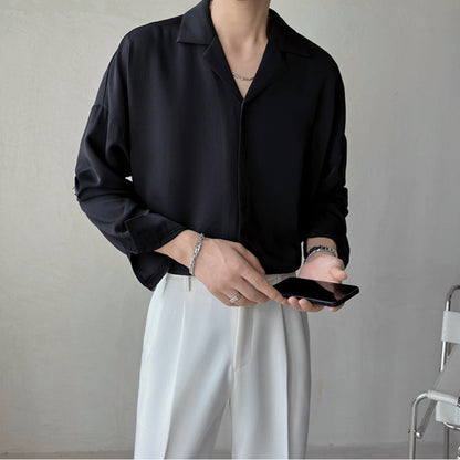 Herren Langarm Hemd Polyester mit Kubanischem Kragen, Lockerer Schnitt für Freizeit und Büro 4