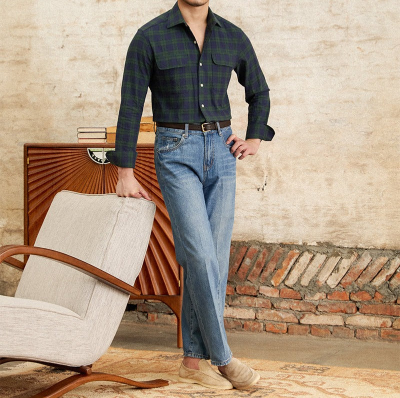 Herren Langarmhemd Karomuster Baumwolle Atmungsaktiv