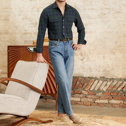 Herren Langarmhemd Karomuster Baumwolle Atmungsaktiv