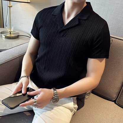 Herren Slim Fit Kurzarm Hemd Polyester mit Vertikalen Streifen 0