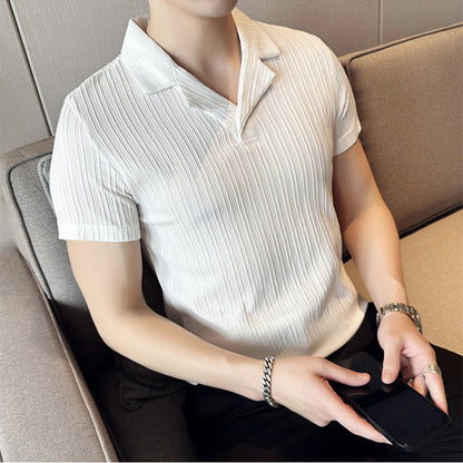 Herren Slim Fit Kurzarm Hemd Polyester mit Vertikalen Streifen 6
