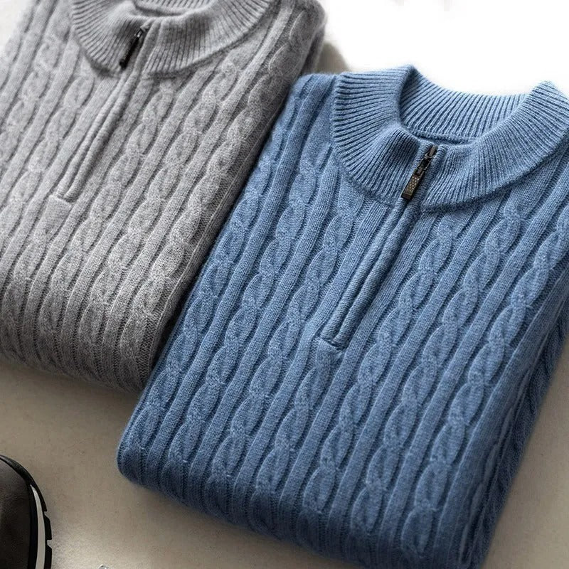 Clément - Herren Pullover Merino Wolle Halb Reißverschluss