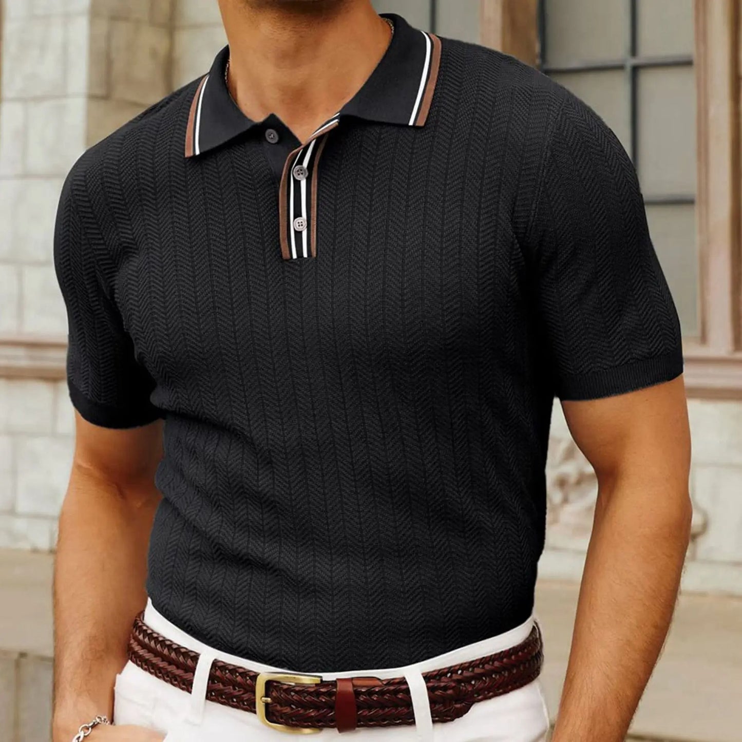 Yves - Herren Polo Shirt mit Herringbone Streifenkragen